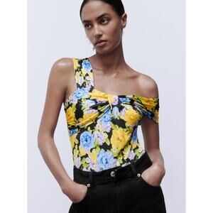 NEW Zara Printed Bodysuit With Knot Size S NWOT Blue Yellow Floral Off Shoulder